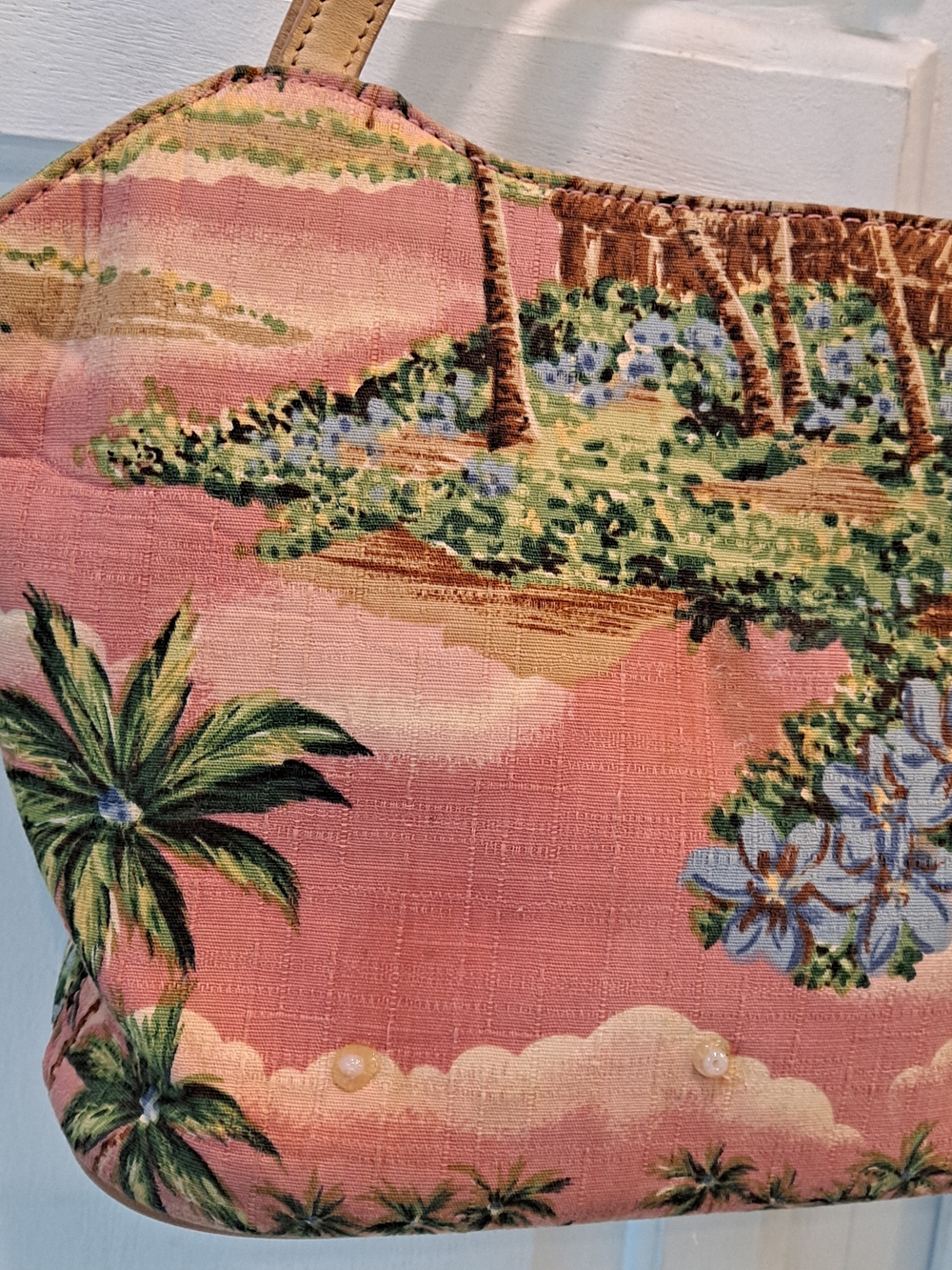 Fossil Forever Vintage 90s Pink Tropical Print Shoulder Bag W/Tan Leather Straps - Picture 3 of 13